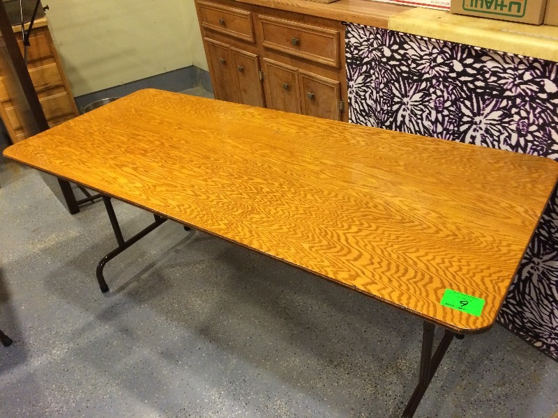 Hand Crafted Table with metal folding legs  Measures 6 long x 30 wide x 29 high