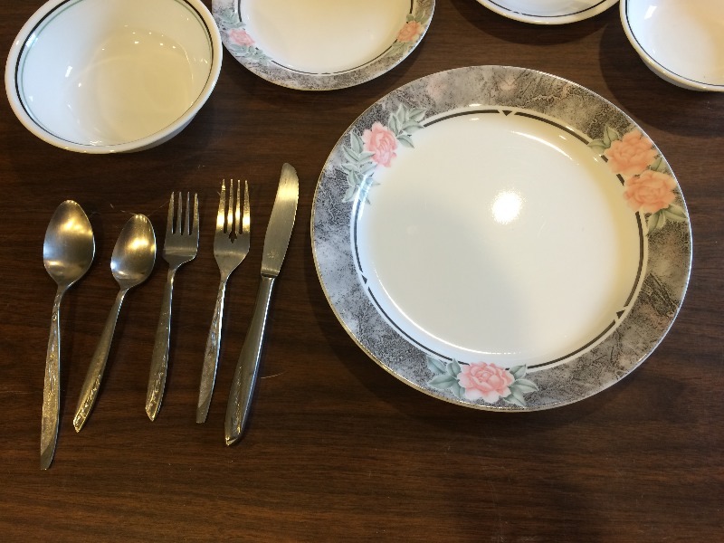 Corelle  by Corning   Serves 12   includes plates, bowls, cups, soup bowls, glasses  silverware