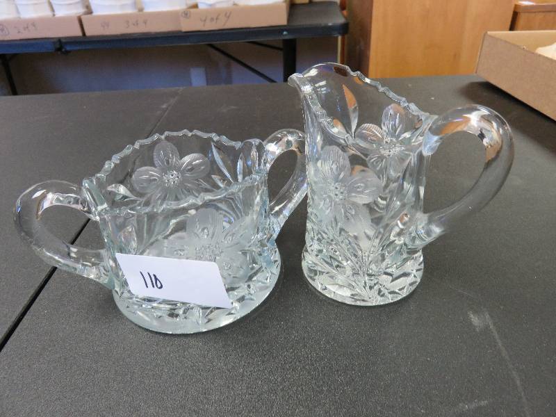 Cut glass creamer and sugar dish