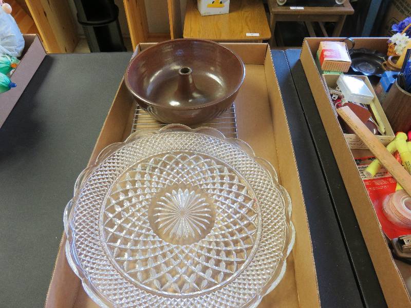 Large glass plate and glass bundt pan