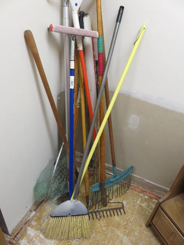 brooms and rakes,