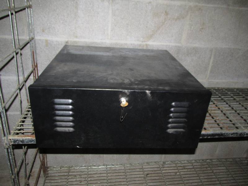 lot 37 image: black metal safe with key 20 x 20...
