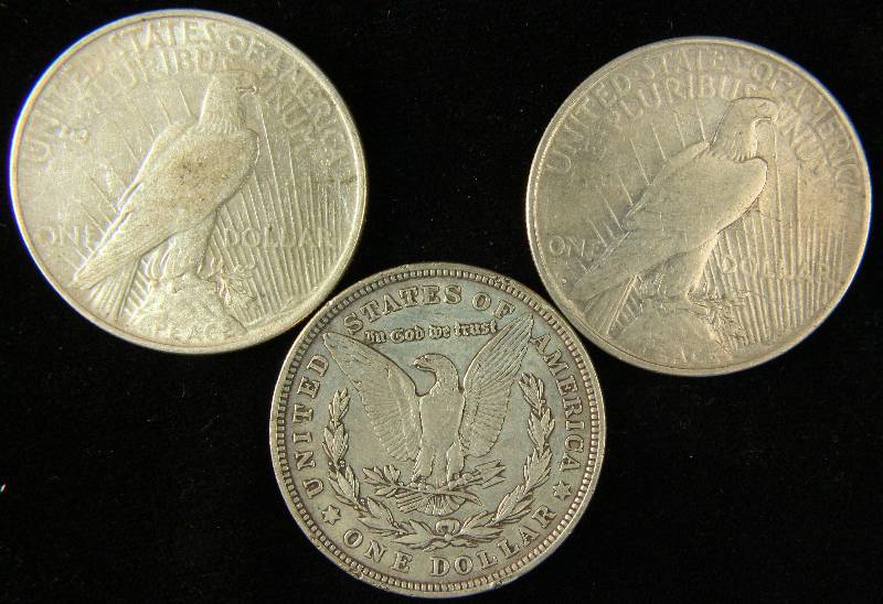GROUP OF 3 SILVER DOLLARS - 2-PEACE & 1-MORGAN AS PICTURED