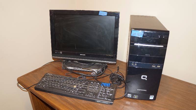 Magnavox 19 Flat Screen Monitor, Compaq Tower & Keyboard, and HP Mouse