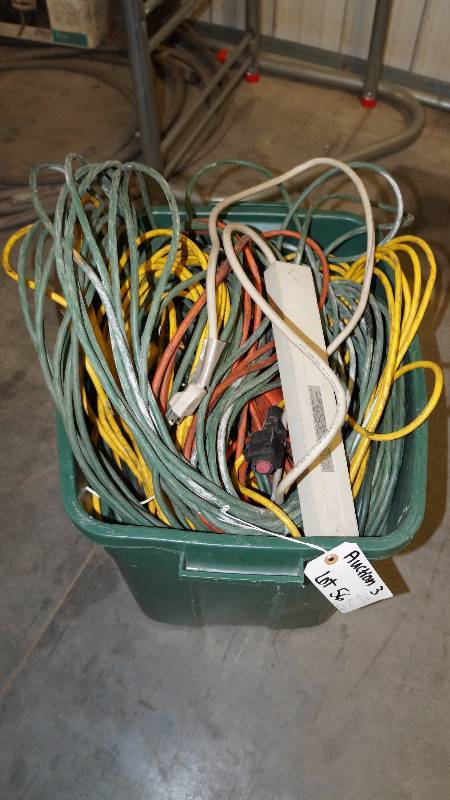 Tote of Extension Cords, Shop Lights & Power Strips