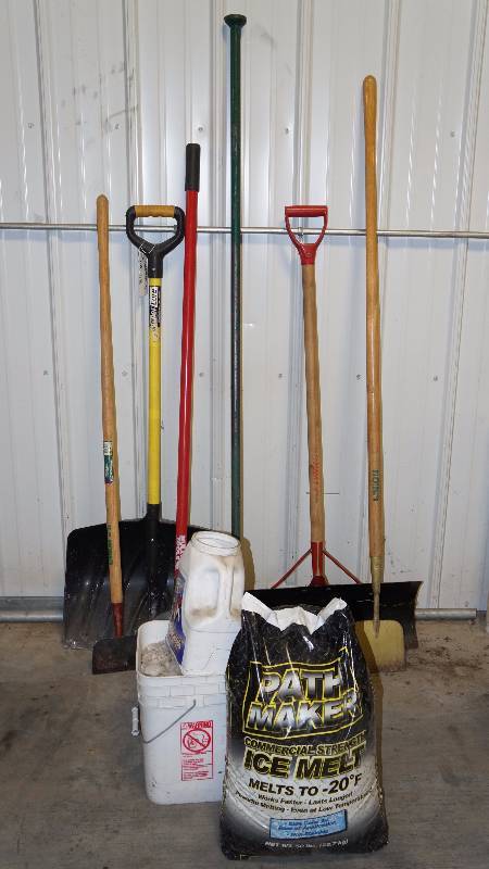 Lot of Snow Shovels, Ice Scrapers, Ice Pick & Ice Melt