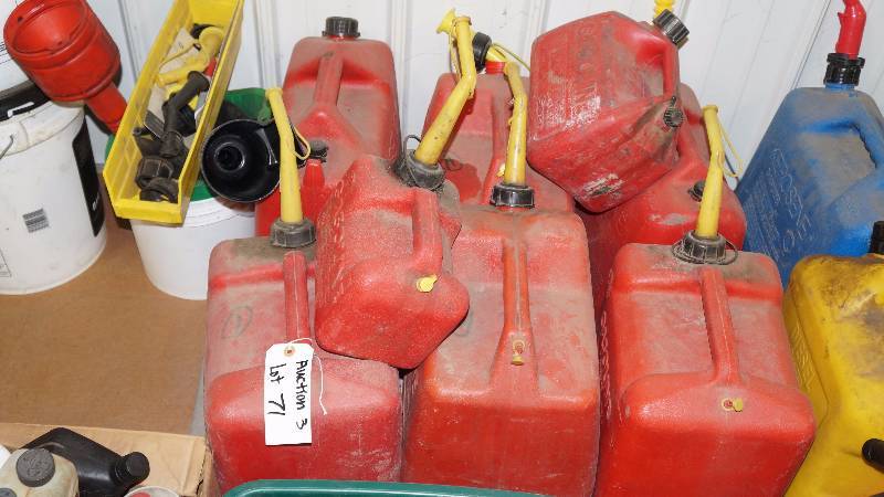 Lot of Funnels, Portable Gas Can Nozzles & 8 Red Gas Cans