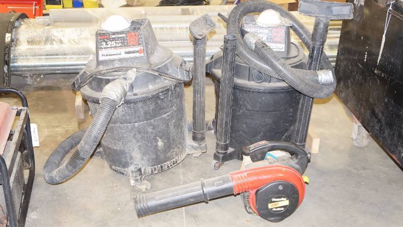 2 Craftsman Shop Vacs & 1 Homelite Zip Start Gas Leaf Blower