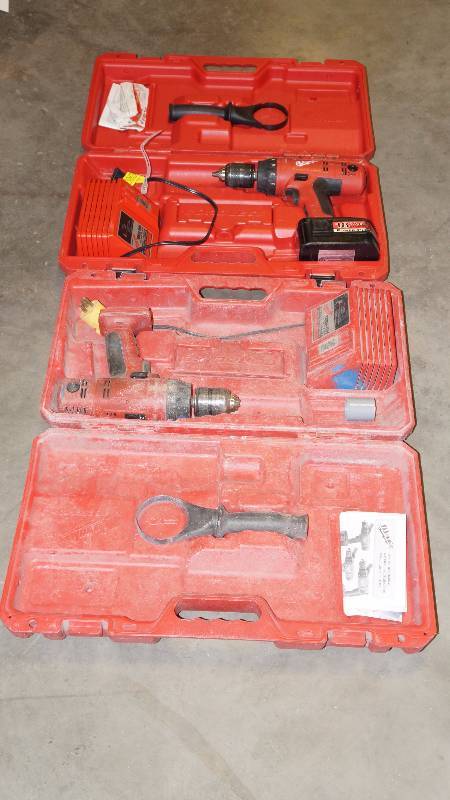 Set of 2 Milwaukee Cordless Drill in Case w 2 Chargers & 1 Battery