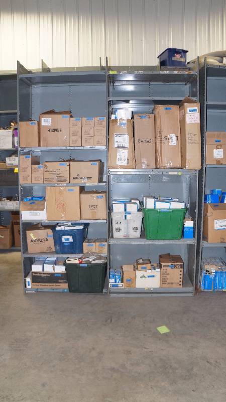 Gray Metal Shelving (qty 4) with 28 Shelves Total