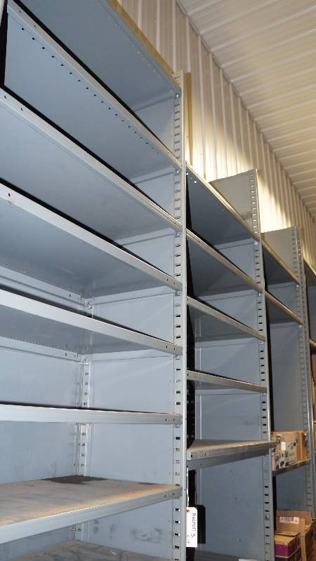 Gray Metal Shelving (qty 3) with 29 Shelves Total