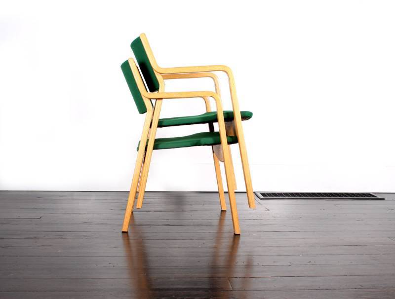 (2) Mid Century Stackable Oak  Chai...