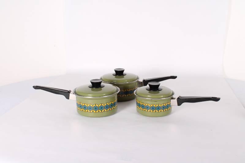 Set of (3) Enameled Pots. Green wit...