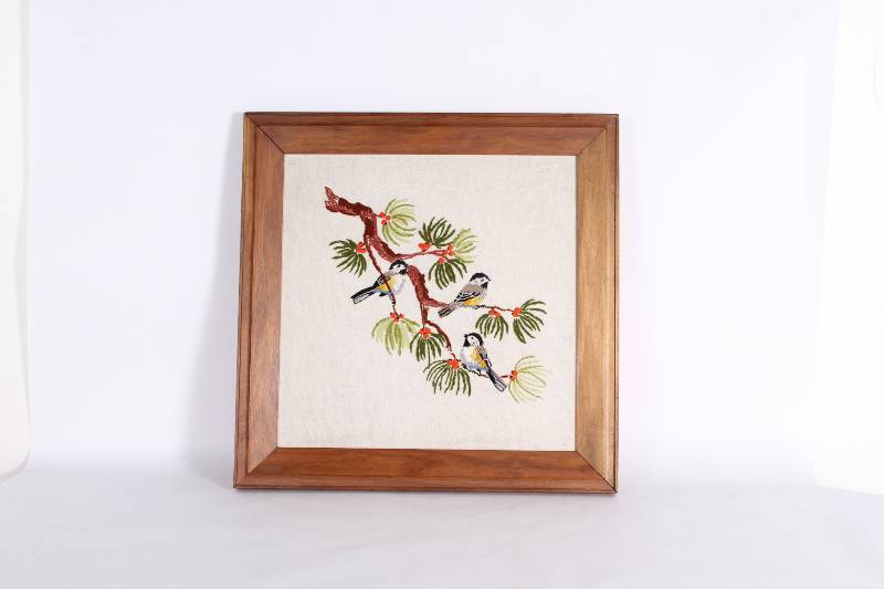 Three Birds Embroidery in Wood Fram...