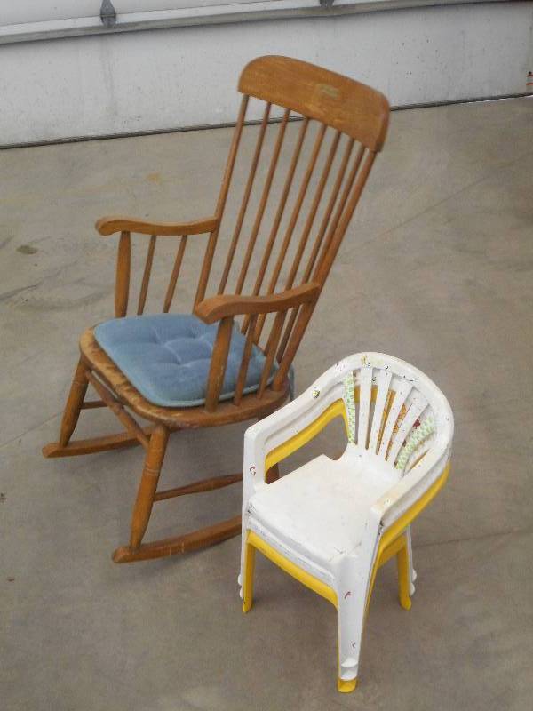 lot 36 image: (1) Wood Rocker Chair & (3) Plastic...
