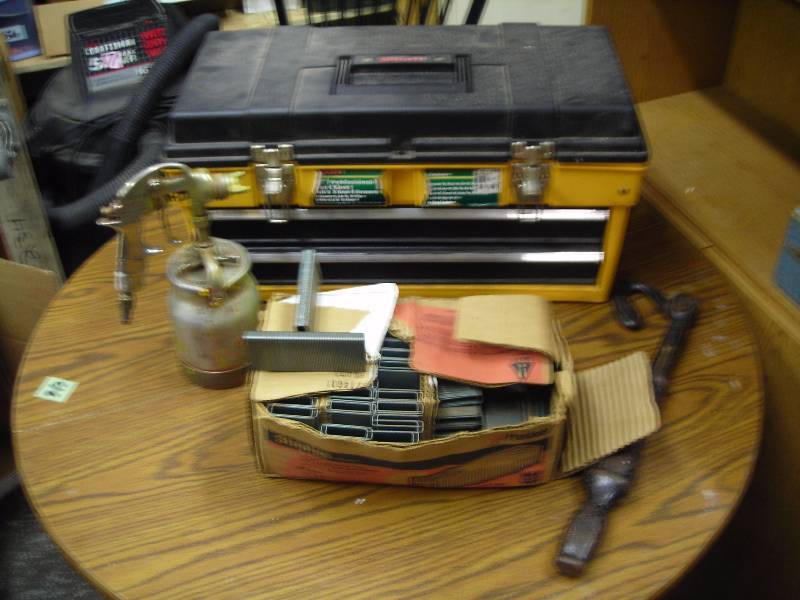 Tool Box, Nail Puller, Spray Gun, Glue Gun, Box Of Staples