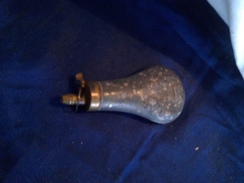 antique late 1800s pewter powder flask