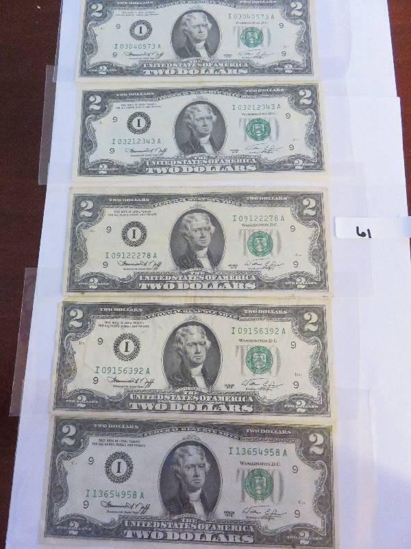 Lot of (5) Two Dollar Bills