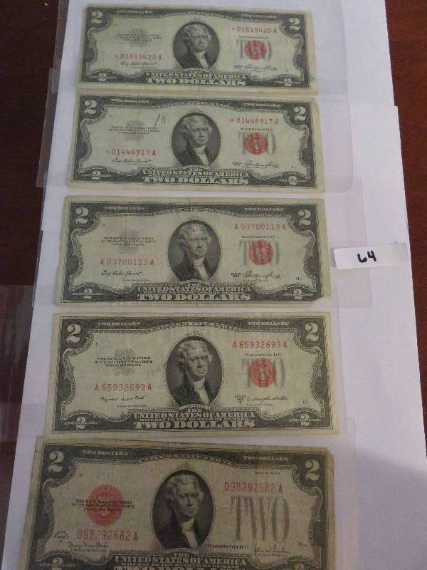 Lot of (5) Two Dollar Bills