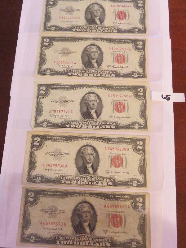 Lot of (5) Two Dollar Bills
