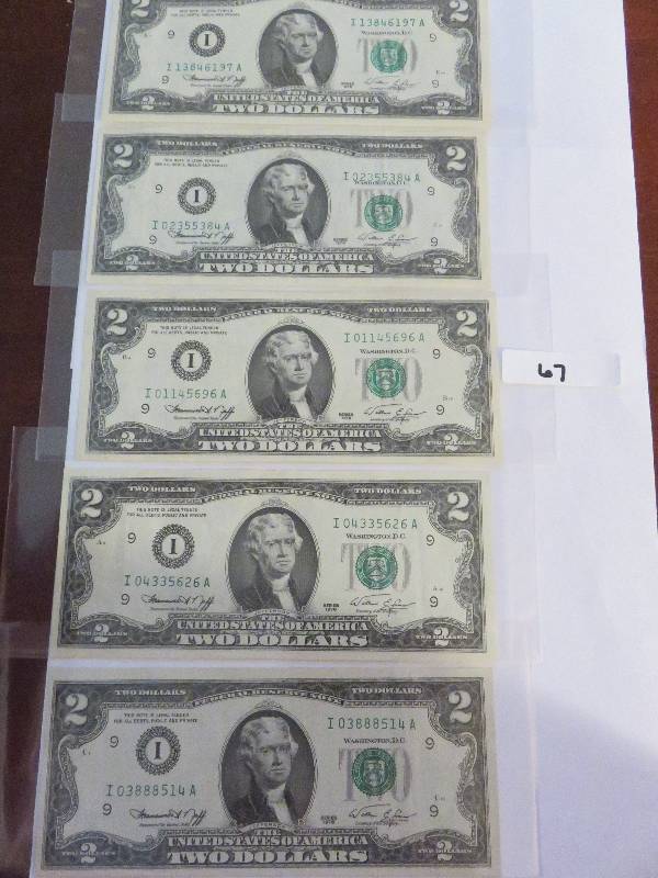 Lot of (5) Two Dollar Bills