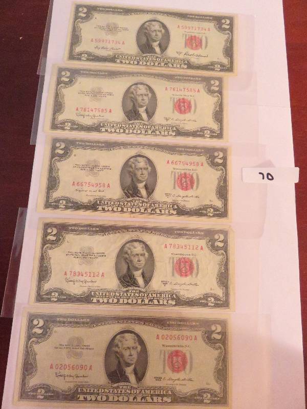 Lot of (5) Two Dollar Bills