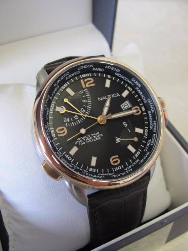 lot 11 image: Nautica Mens Stainless Steel Brown Leather Band Watch