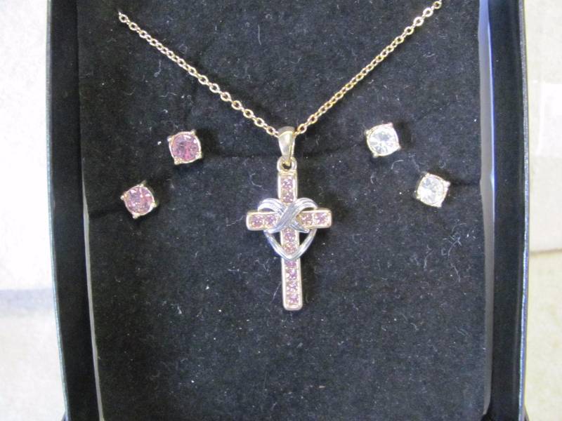 lot 107 image: Goldtone June Birthstone Cross Necklace and Earring Set