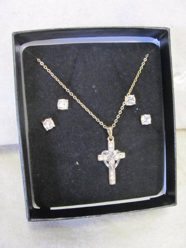 lot 108 image: Goldtone April Birthstone Cross Necklace and Earring Set