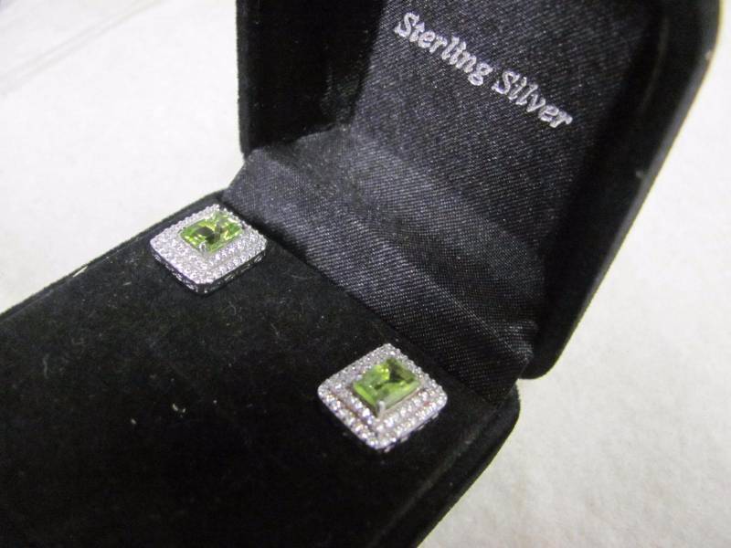 lot 147 image: Sterling Silver Green & Crystal Gemstone Square Earrings