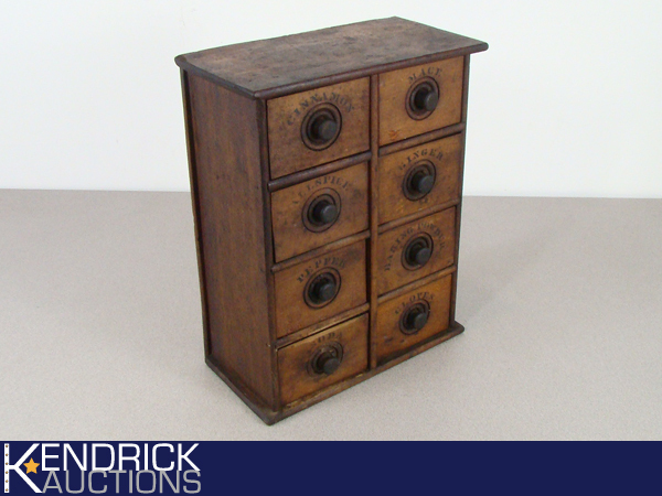 lot 2 image: Antique Wood 8 Drawer Spice Cabinet