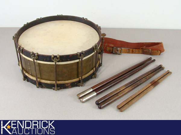 lot 3 image: Antique Wood Snare Drum with 3 Sets of Antique Drum Sticks