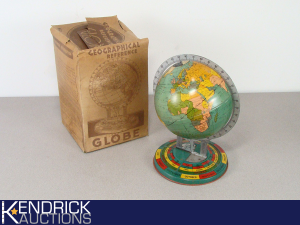 lot 34 image: 1950s Ohio Art Tin Geographical Reference Globe