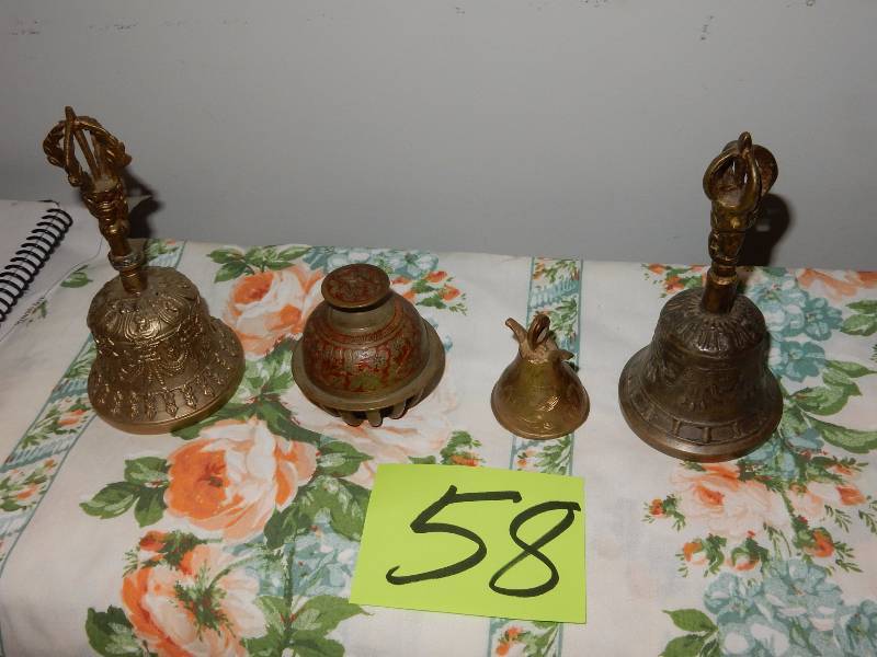 lot 58 image: 4 Brass Bells, Ringers.. 2 have no ringer