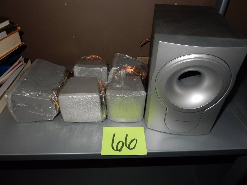lot 66 image: IMPEDANCE, Super Bass Sub Woofer and 5 smaller speakers.. All new.