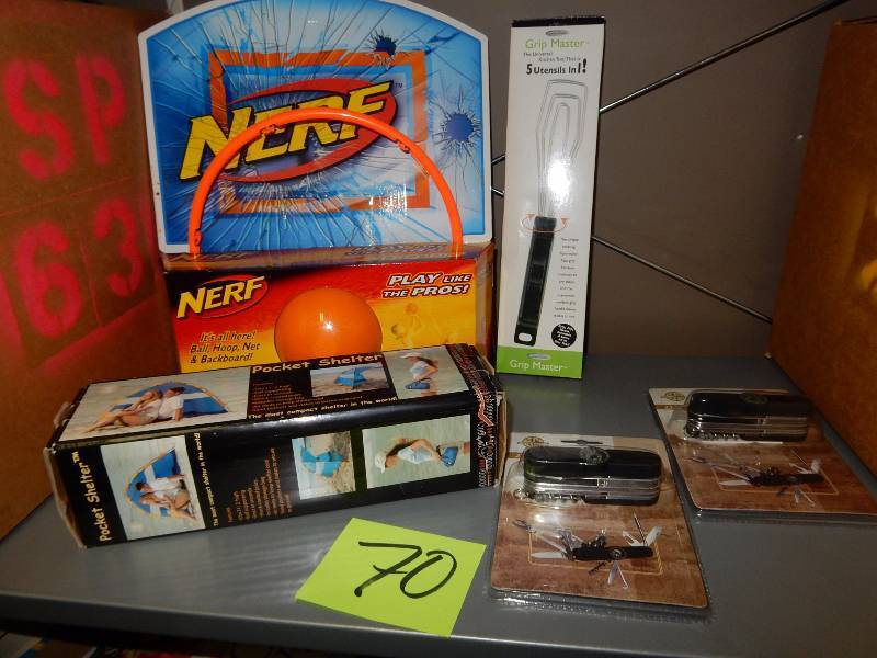 lot 70 image: 2 multi function knives, Nerf Basketball set, Personal portable tent.