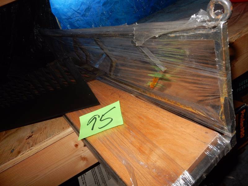 lot 95 image: Glass, metal and wood shelf.. 3 metal pieces of which I dont know what they are See pictures and bid accordingly