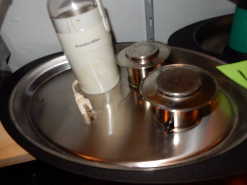 lot 115 image: 2 plastic trays with stainless inserts.. Misc. Coffee items as pictured