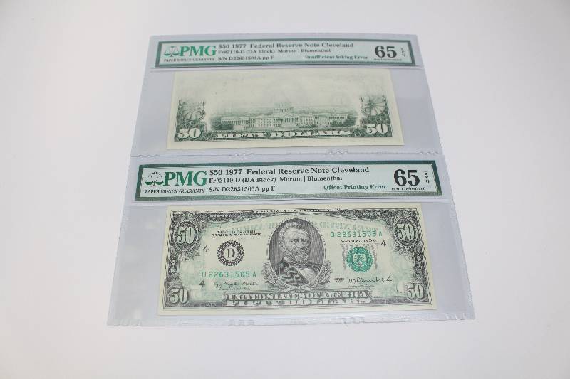 (2) 1977 Consecutive Mint Error $50 bills PMG Graded EPQ 65