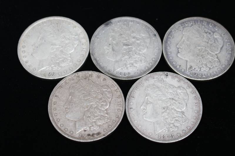 (5) Morgan Silver Dollars (1896, 1890-O, 1921-D, 1904-O, 1878)