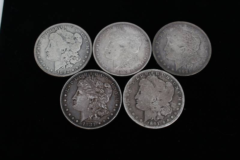 (5) Morgan Silver Dollars (1878-S, 1891-O, 1881, 1882, 1921-D)