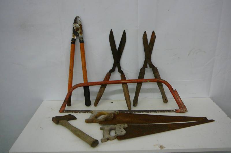 Lot of Yard tool axe - Buck saw - Clippers - Handsaws