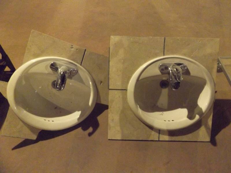 Set of 2 porcelin top mount sinks wfaucets and drains