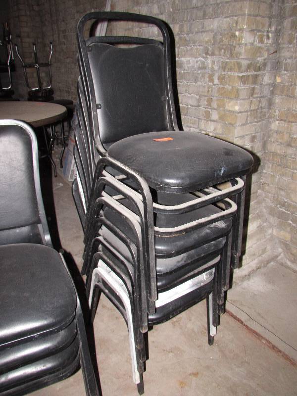 Set of 8 metal vinyl upholstered chairs (missing back and seat cushions, damaged)