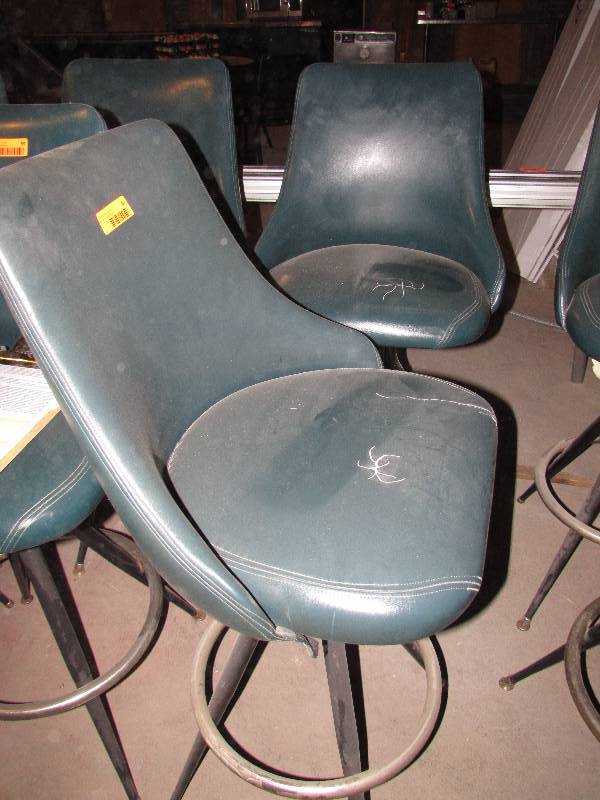 Set of 2 swivel vinyl upholstered wback bar stools (may have tears in vinyl)