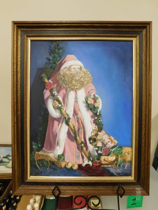lot 1 image: Christmas in Pink & Blue     18 x 24  Painted by Eleanor McIntosh, a local professional artist.