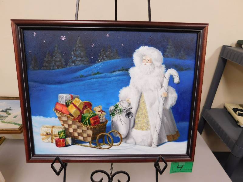lot 4 image: Snow Santa   14 x 18   Painted by Eleanor McIntosh, a local professional artist.