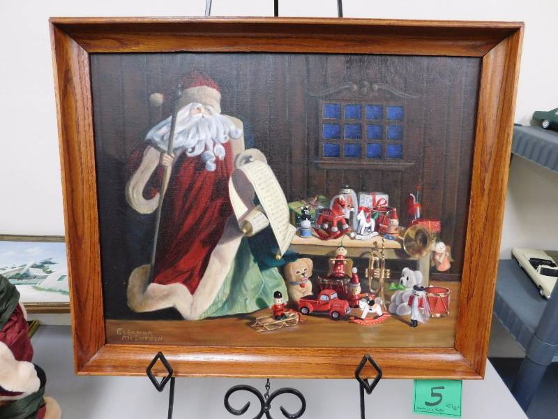 lot 5 image: Santa in a Hurry  20 x 16     Painted by Eleanor McIntosh, a local professional artist.