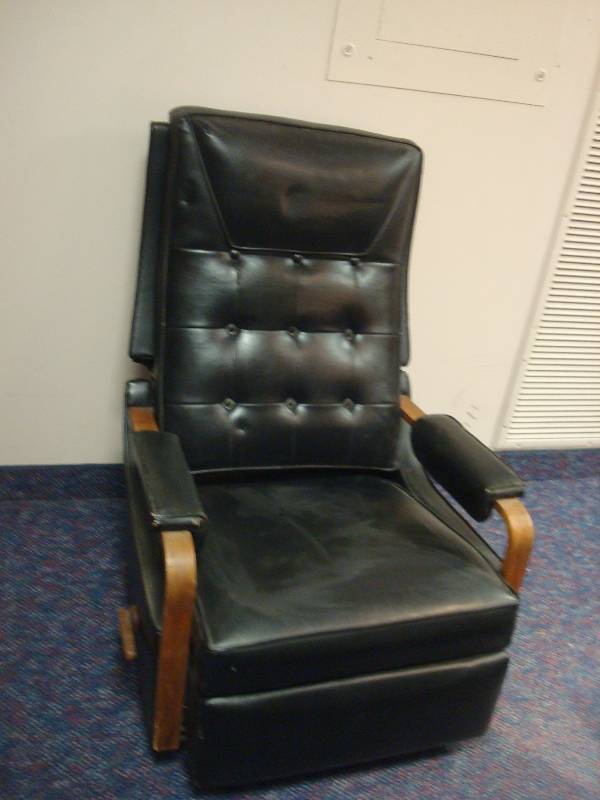Vintage Mid Century Black Vinyl Recliner Chair, Works, Some Wear