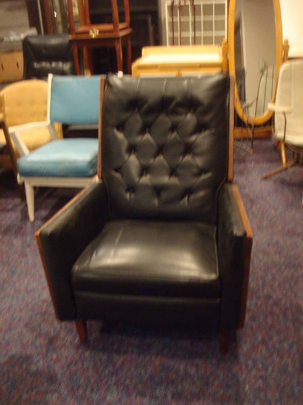 Vintage Mid Century Black Vinyl Recliner Chair, Works, Some Wear